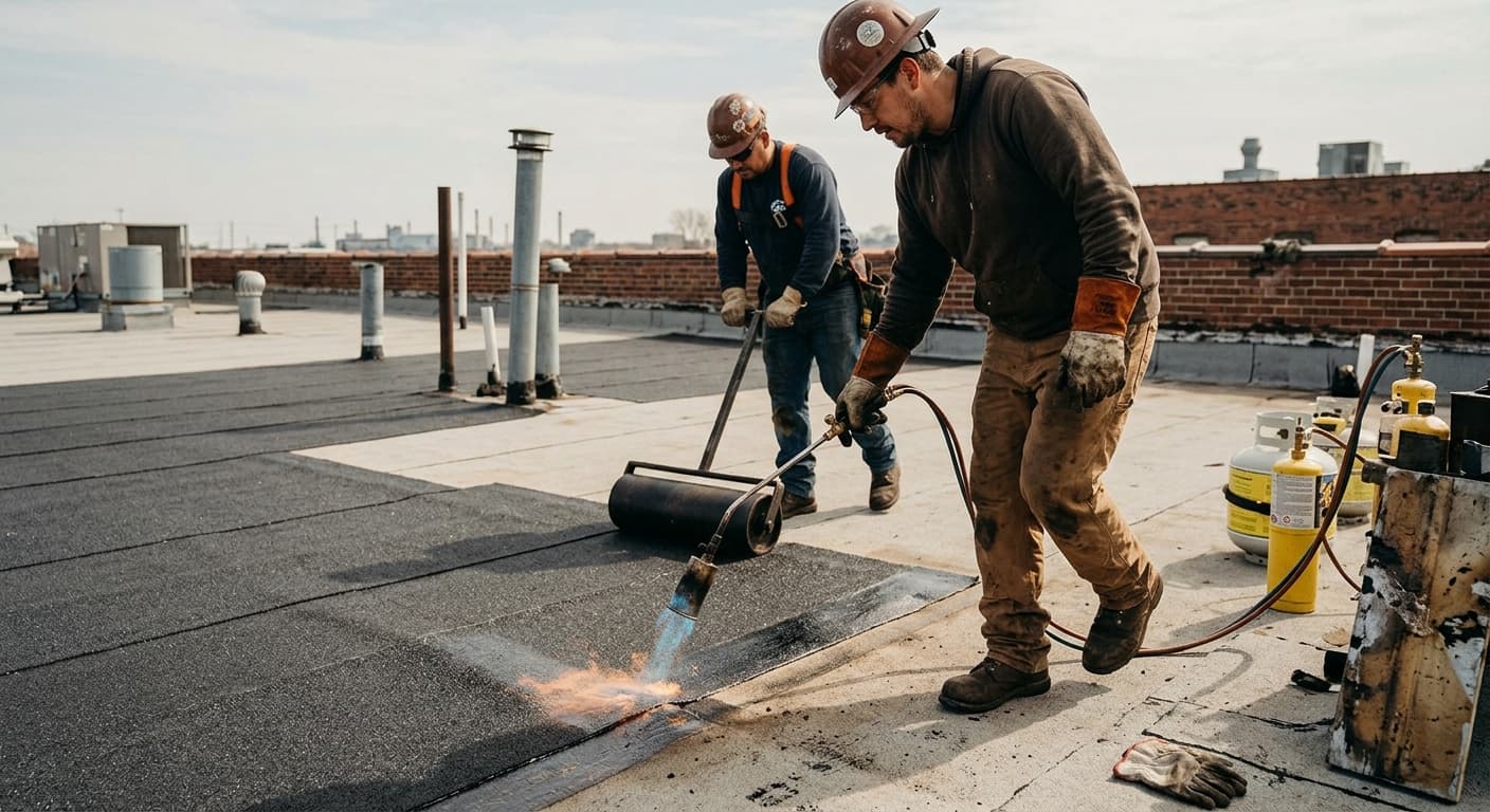 Modified bitumen roofing installation with torch application on a commercial building