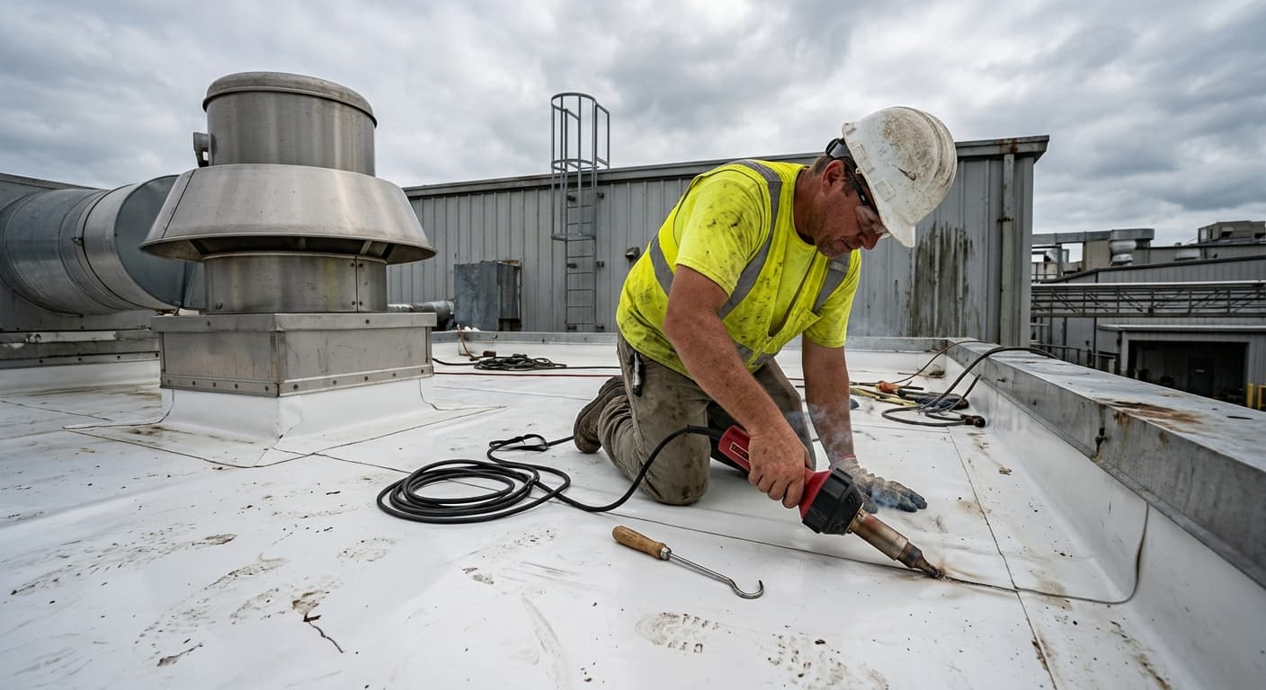 PVC membrane roofing installation with heat-welded seams on a commercial building